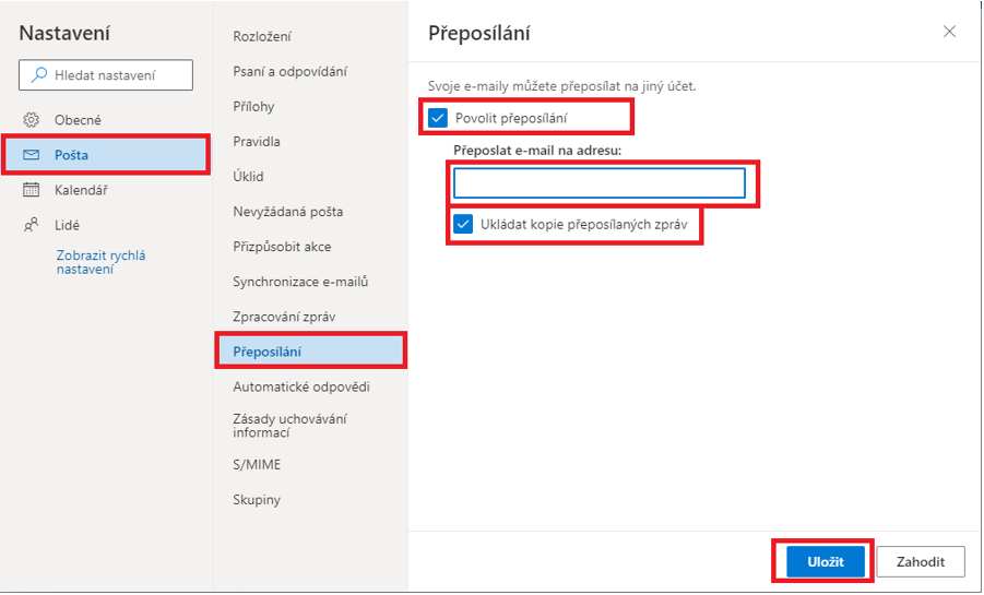 Nastavení přeposílání